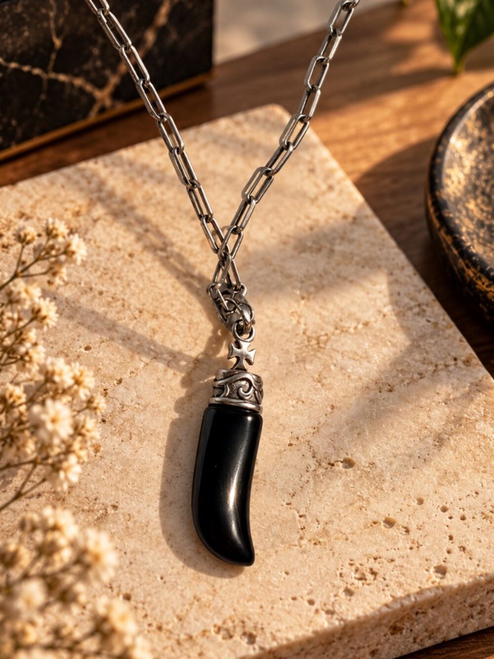 Sterling Silver 925 Italian Paperclip Chain Necklace with Black Onyx Tooth Horn